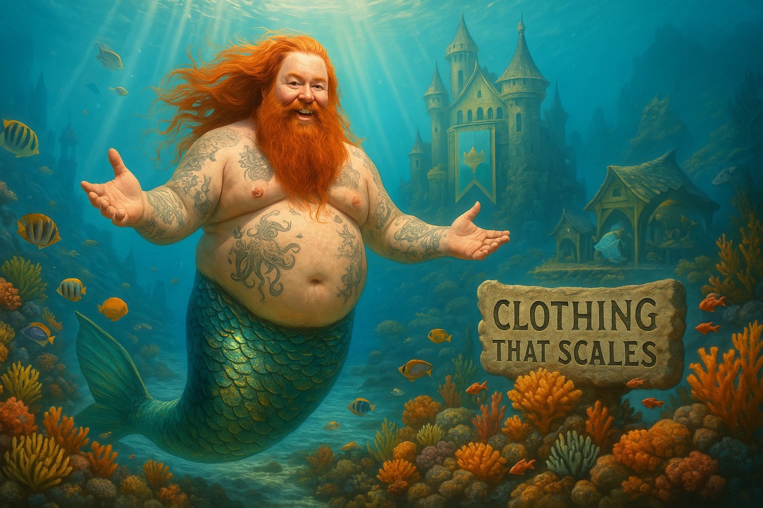 Chubby redheaded merman with tattoos and a teal-scaled tail smiles underwater, gesturing toward a stone sign that reads “Clothing That Scales,” with coral reefs and a castle in the background.